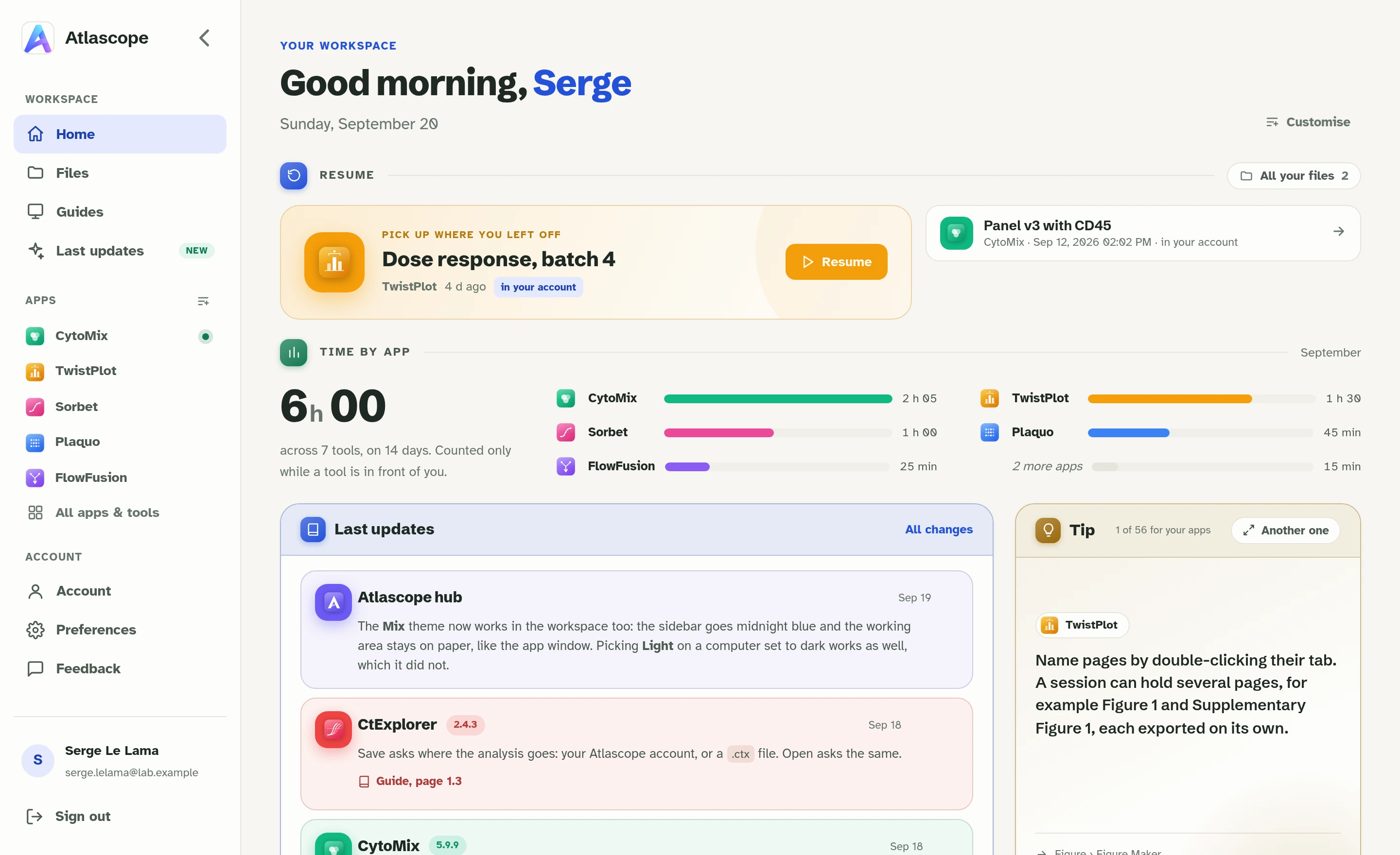 The Atlascope workspace: the nine tools down the left, the file you were last working on
             ready to resume, the time spent in each tool this month, and what changed in the last releases.
